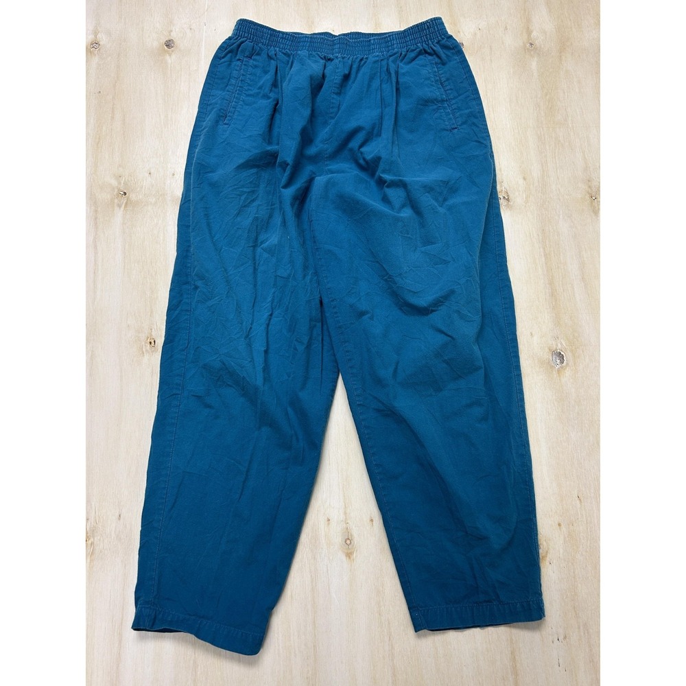 LL Bean Pants Womens XL Blue Cropped Cotton Twill Elastic Waist Pleated Trousers